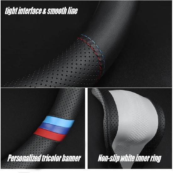 New Nappa Leather Car Steering Wheel Cover, Comfortable, Non-Slip, Sporty Style. For BMW Car Steering Wheel Covers. Black And Blue