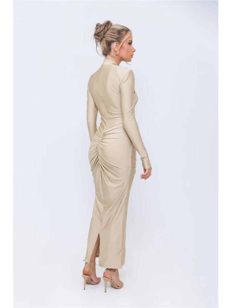 Hollow Out Long Sleeve Sexy Maxi Dress For Women Gown Autumn Winter New Metal Buckle Ruched Slit Long Dress Elegant