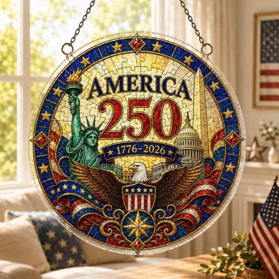 Acrylic Jigsaw Puzzle Suncatcher, US 250th Anniversary DIY Sun Catcher Kit, Stained Glass Style Patriotic Window Hanging Ornament for Independence Day