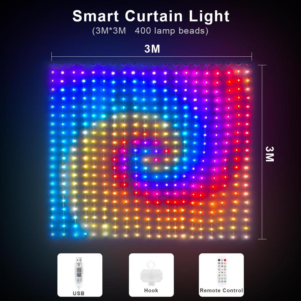 USB LED Curtain String Light Smart Bluetooth App Control RGBIC Outdoor Fairy Christmas Light Xmas Garland Decor DIY Pattern