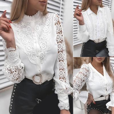 Hemd Langarm Oberteil mit Hohlmuster Damen Einreihig Spitze Patchwork Bluse für Büro