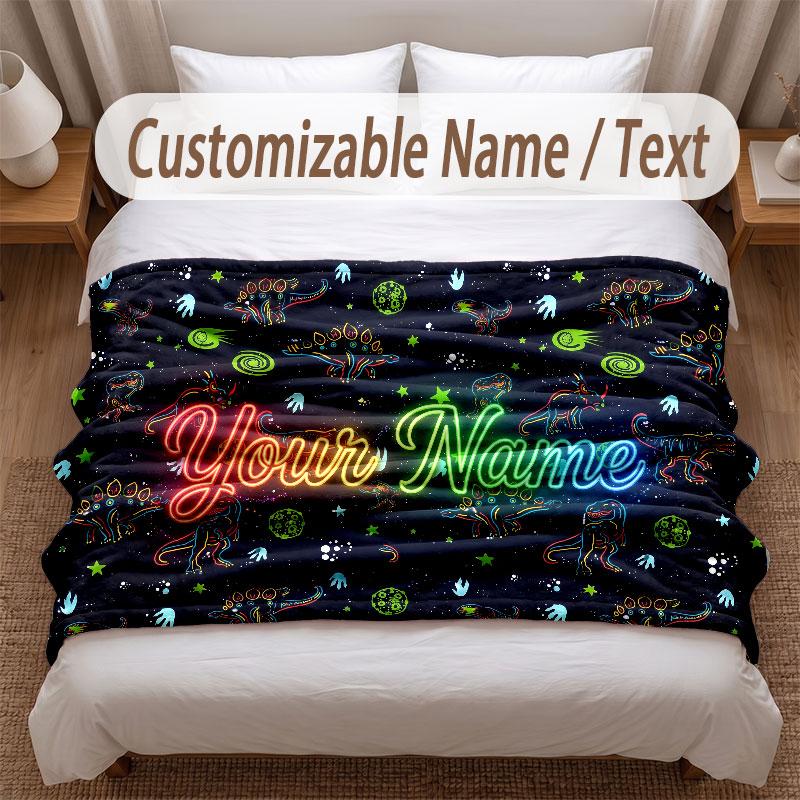 Dinosaur Theme Soft Blanket Personalized Custom Name Text Print Warm Blanket Home Sofa Bedroom Decor