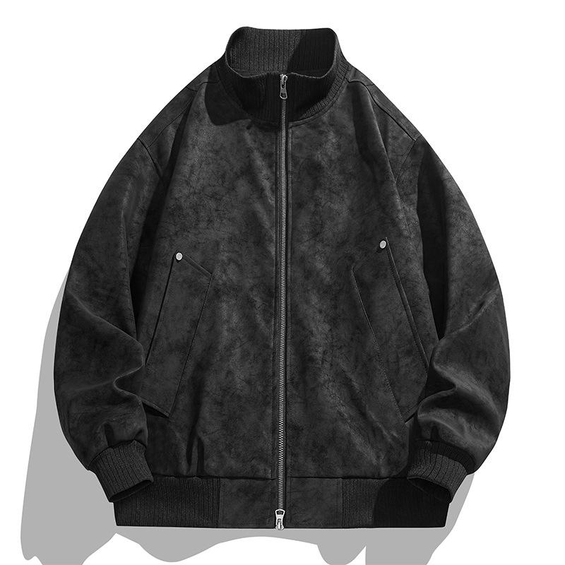 

Men s spring and autumn new stand-up collar leather jacket men s loose casual stand-up collar versatile solid color cargo jacket for men M