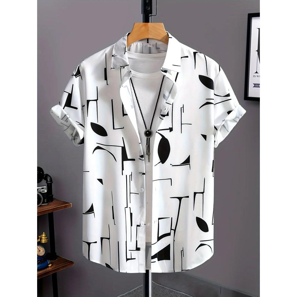 Summer 2025 Men's Short-sleeved Shirt With Black And White Stripes And Collection Pattern Print Single-breasted Fashion Shirt