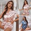 Damen Satin Pyjama Set Kurzarm Hemd mit Knöpfen und Shorts Nachtwäsche Sommer Herz