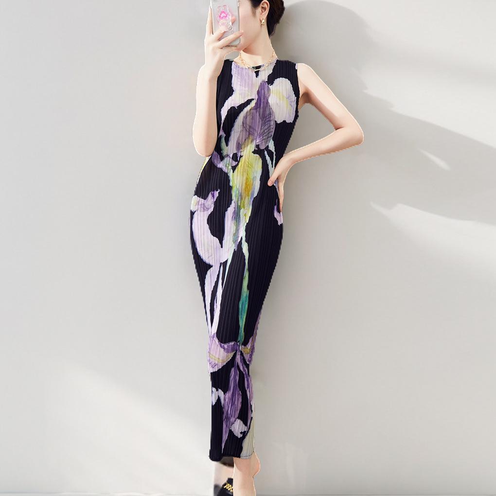 

Women s Retro Sleeveless High-End Pleated Summer Dress One Size