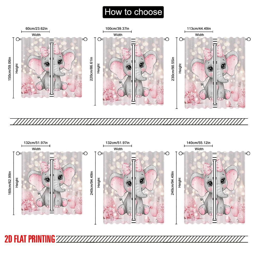 Set Of 2 Flat Printing Window Treatment Curtains Cute Little Elephant Polyester Without Electricity Wall Decor Curtain Machine Washable