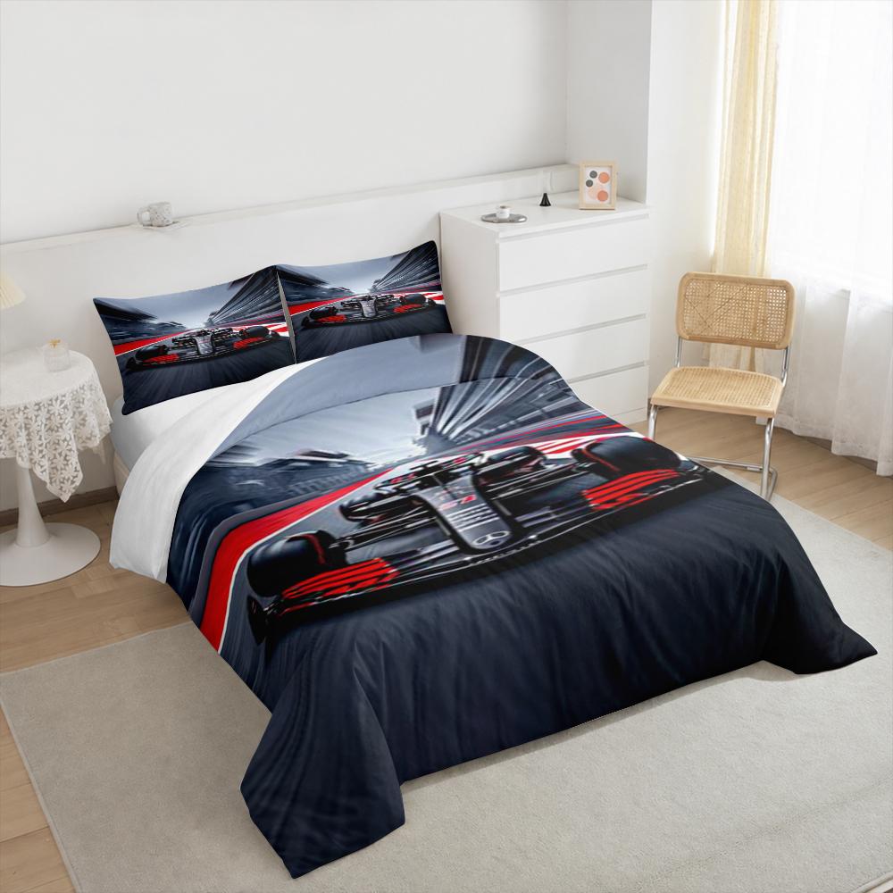 3 Piece Bedding Set with Duvet Cover and 2 Pillowcases - Mercedes F1 Black Car Track Print - Motion Motorsport Decor for Fans