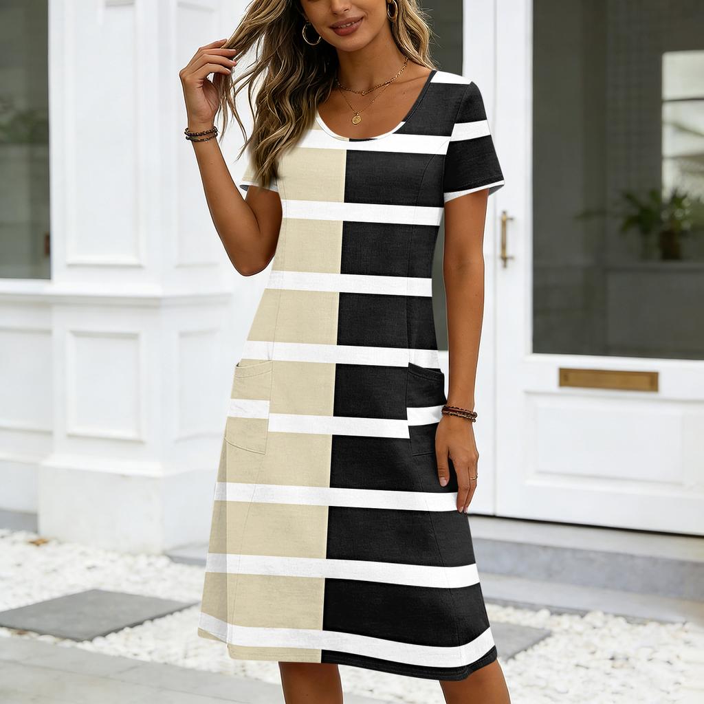 Damen Kurzarm Print Midi Kleid Rundhalsausschnitt Lockerer Schnitt Sommer Freizeitkleid mit Taschen für den täglichen Gebrauch