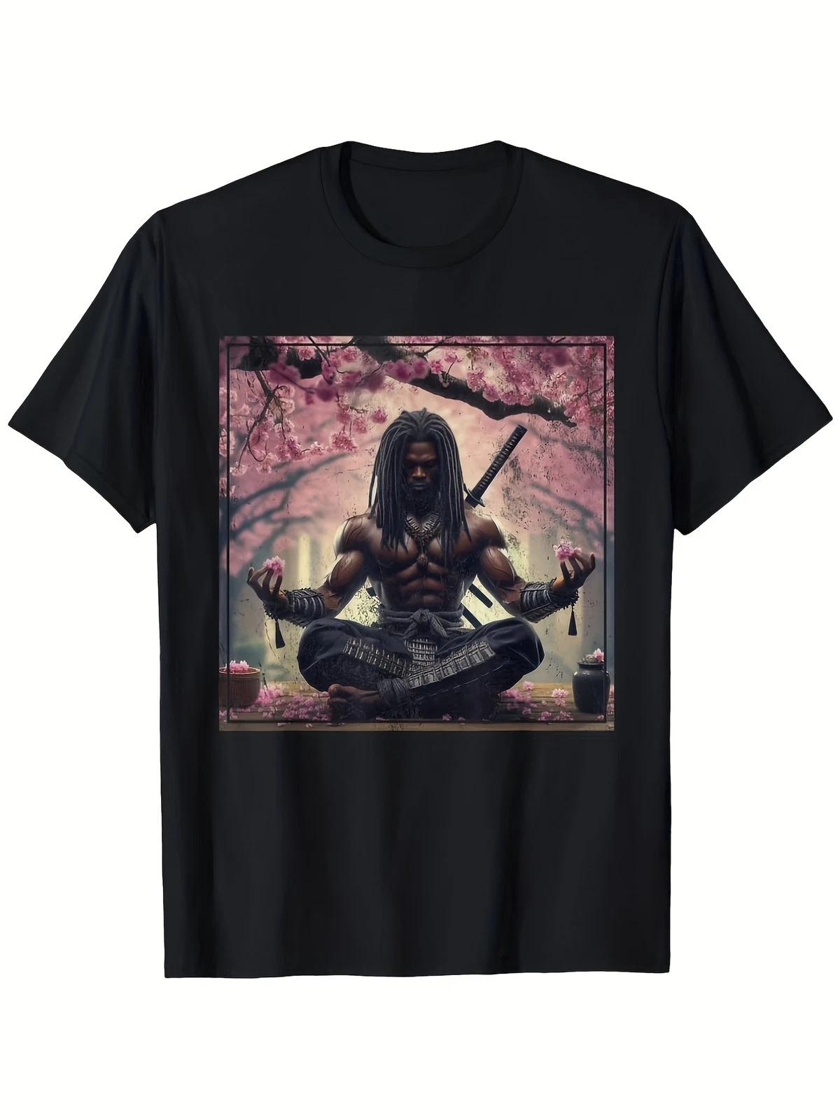 Japanese Samurai Meditation Graphic T-Shirt Cherry Blossom Warrior Tee XL