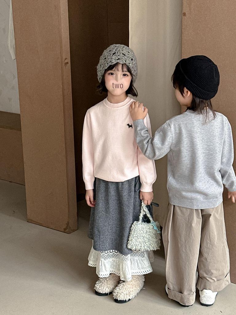 Kids' Knitted Crew Neck Sweater - Autumn/Winter, Embroidered, Loose Fit, Unisex