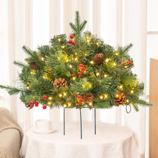 Pre-lit Christmas Tree Urn Filler Battery Operated Artificial Xmas Tree with Cones Berries Holiday Porch Planter Filler with Tripod Stake And LED