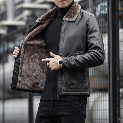 Pánská bunda z imitace kůže se sametovou podšívkou, klopou, dlouhým rukávem, zapínáním na zip, jednobarevná