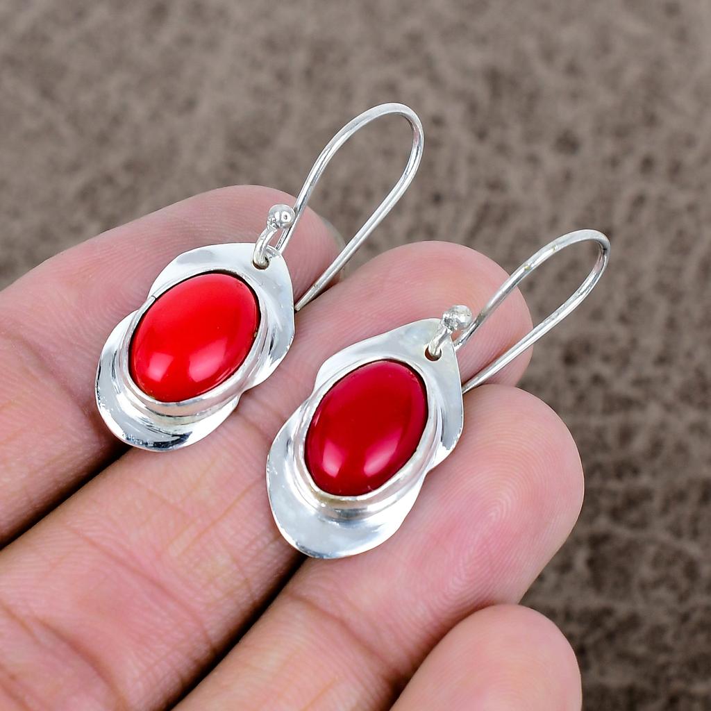 Italian Red Coral Gemstone 925 Sterling Silver Jewelry Earring 1.58" KKG-656