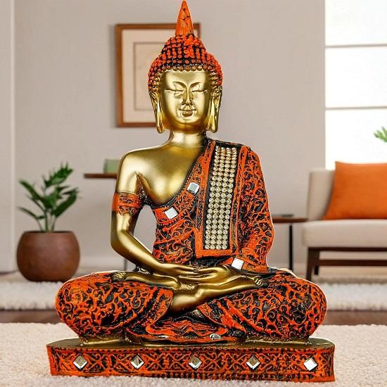 

@ Sitting Buddha Statue Orange Golden Showpiece 452Gm
