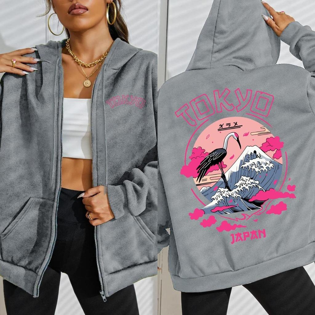 Tokyo Japan Crane Waves Design Zipper Hoody Women Harajuku Loose Streetwear Fleece Soft Hoodie Autumn Female Clothes