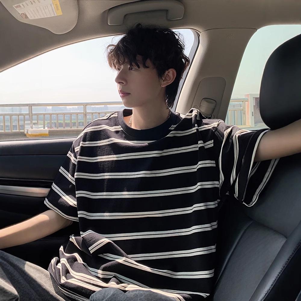 Men's Japanese Retro Color Block Striped Short Sleeve T-shirt