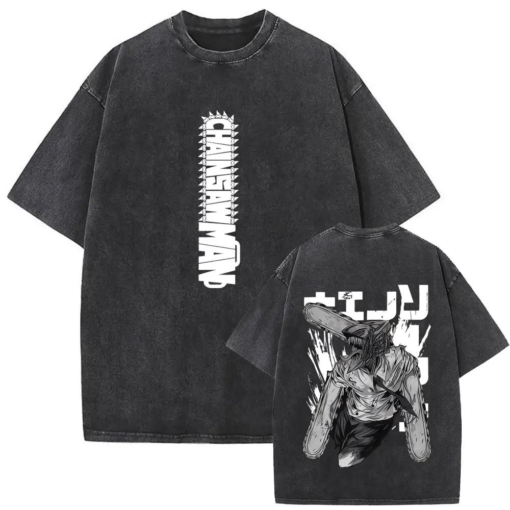Washed Vintage Anime Chainsaw T-shirt Cartoon Denji Pochita Skeleton Funny Graphic T Shirt Men Women Casual  Tshirt 2026 Summer