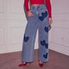 New Heart-shaped Printed Wide-leg Jeans, Retro Washed Loose Casual Denim Trousers for Women
