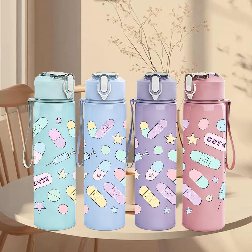 1PC Medical Supply Sticker Pack 750ml Color Plastic Sports Water Bottle Leakproof Flip Straw Lid Suitable for Sports Office Home Use