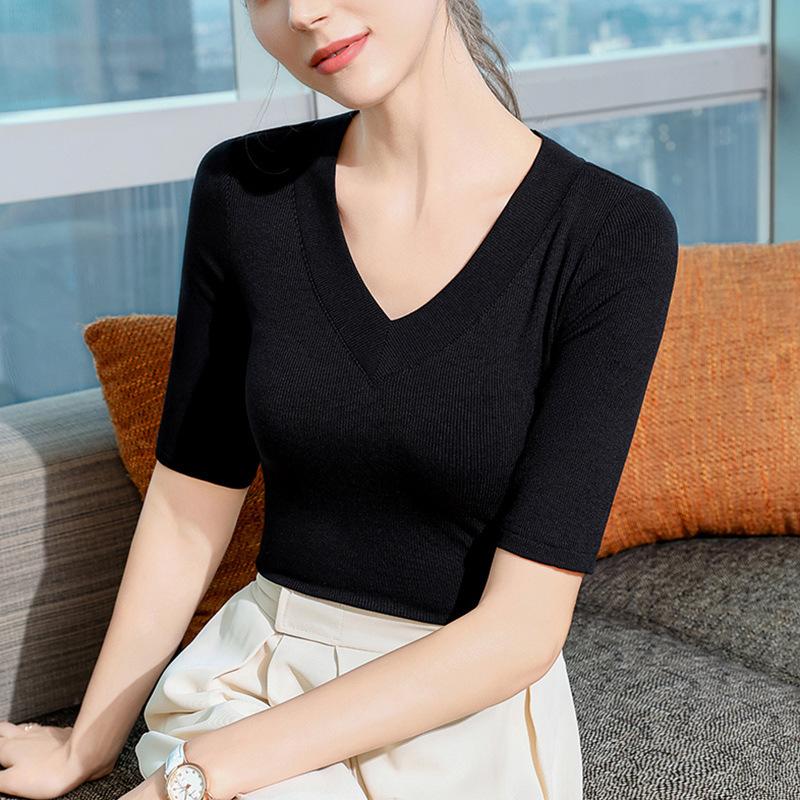 Black Mid-sleeved T-shirt for Women New Women's Clothing Style Deep V Half-sleeved T-shirt Waist-closed Thread Top