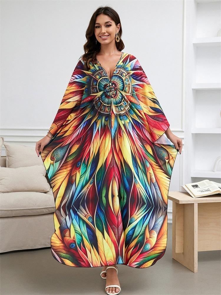 Women Plus Size Kaftan Dress Bohemian Printed Beach Swim Suit Summer Long Homewear Colorful Outfit
