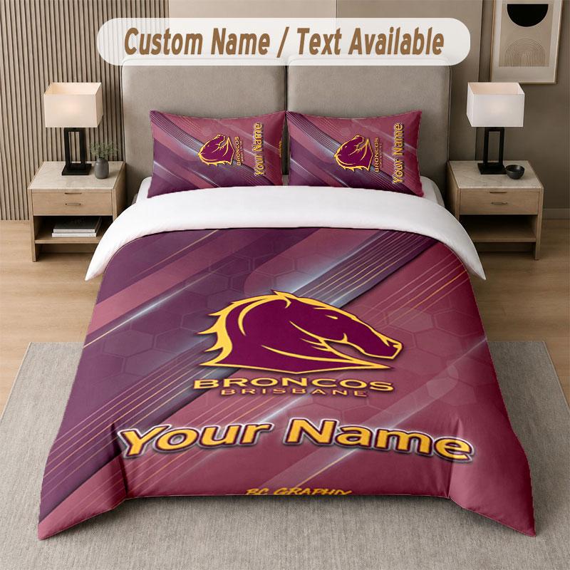Custom Bedding Set Brisbane Broncos Pattern, Print Name Text 1 Duvet Cover Plus 2 Pillowcases Home Textile