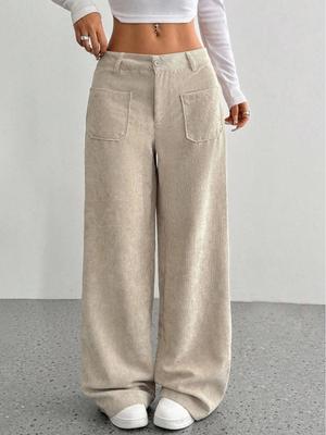 2025 Europäische & Amerikanische Lässige Damen Einfarbig Weitbein Bodenlang Hose mit Vorder- & Gesäßtaschen