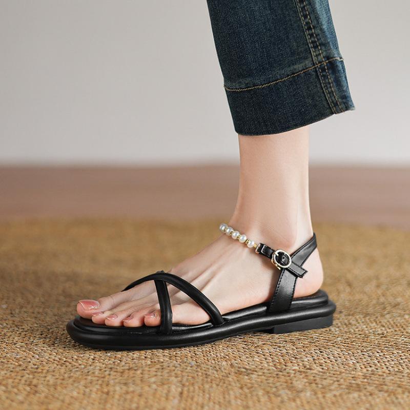 Summer Women's Flat-soled Sandals New Rear Empty Word with Sandals Rubber Soft Sole Large Size Shoes Solid Color Round Head Korean Version