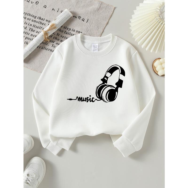 European Sizes Music Headphones Art Girls' Crew Neck Fashion Sweatshirt, Western Top, Children's Long Sleeved Casual Tee