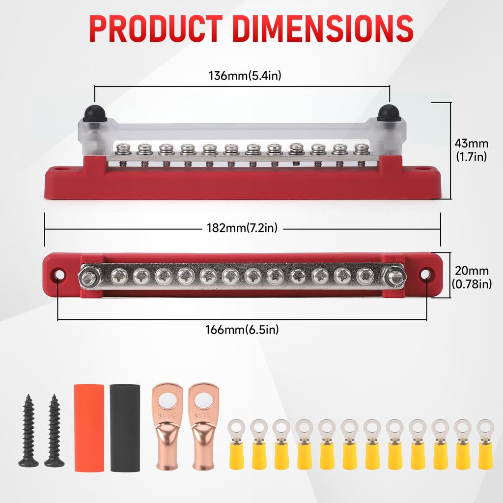 12Way Terminal Bus Bar M6 Stud Power Distribution Block 12-48V 150A DC Electrical BusBar with Cover For Truck Boat Car Camper RV