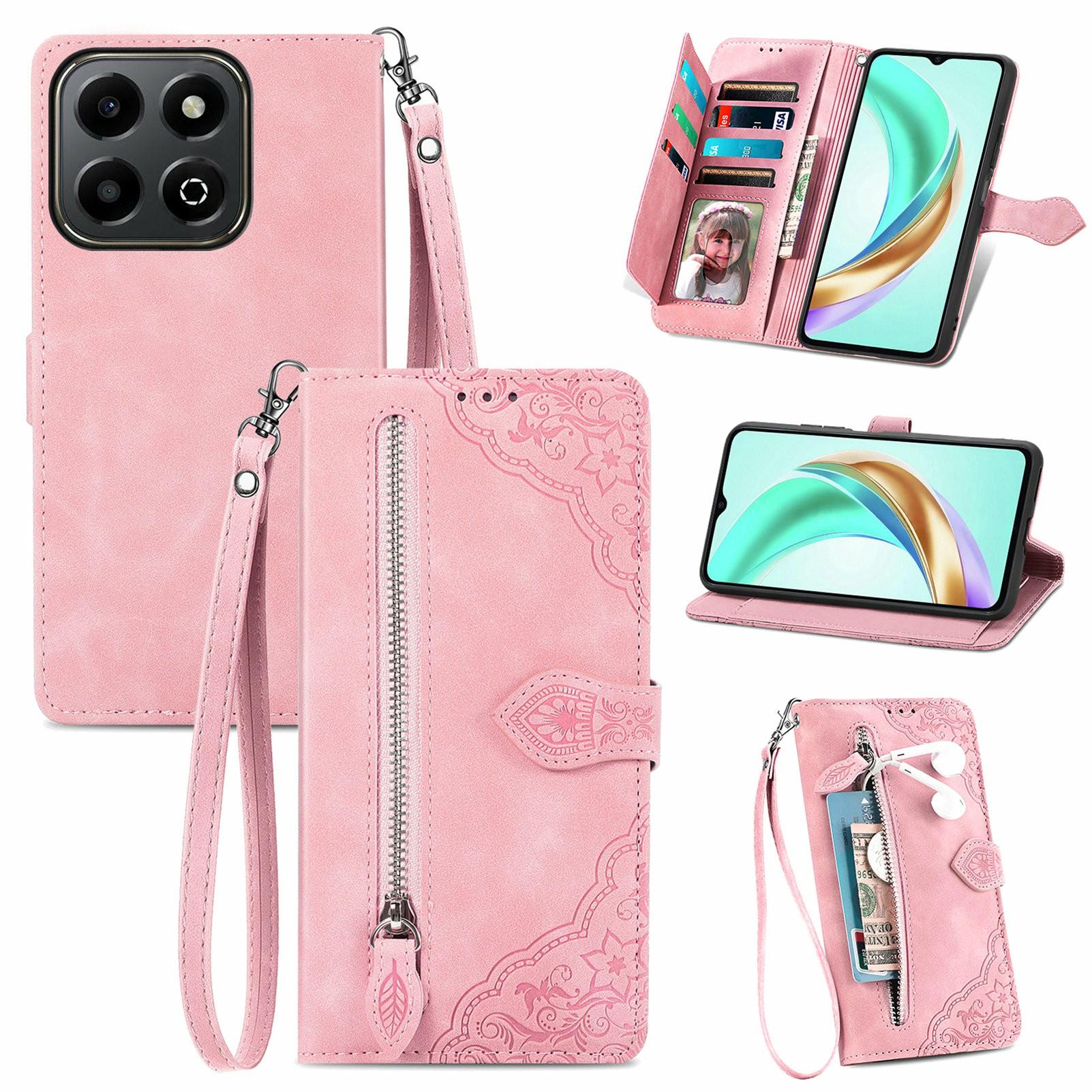 

For Honor X6b 4G Zipper Wallet Case with Strap Flower Imprint PU Leather Phone Cover A