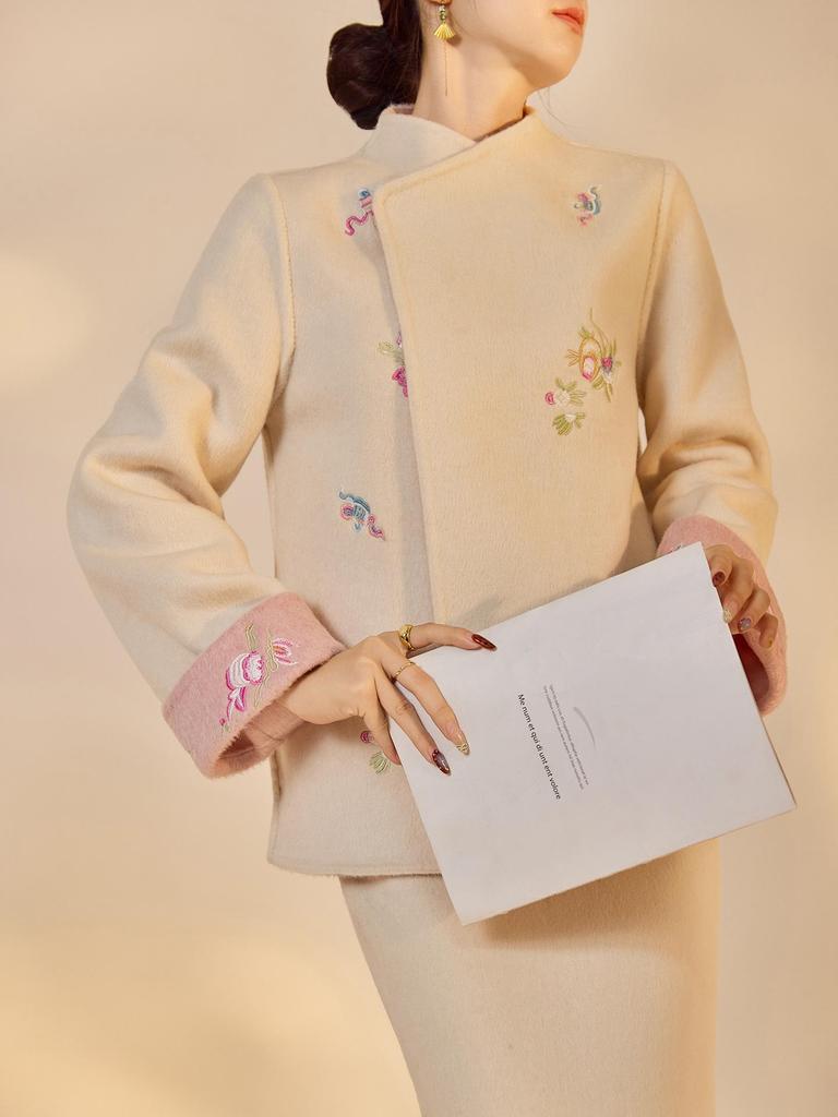 New Chinese Embroidered Wool Coat & Skirt Set - Women's NY027