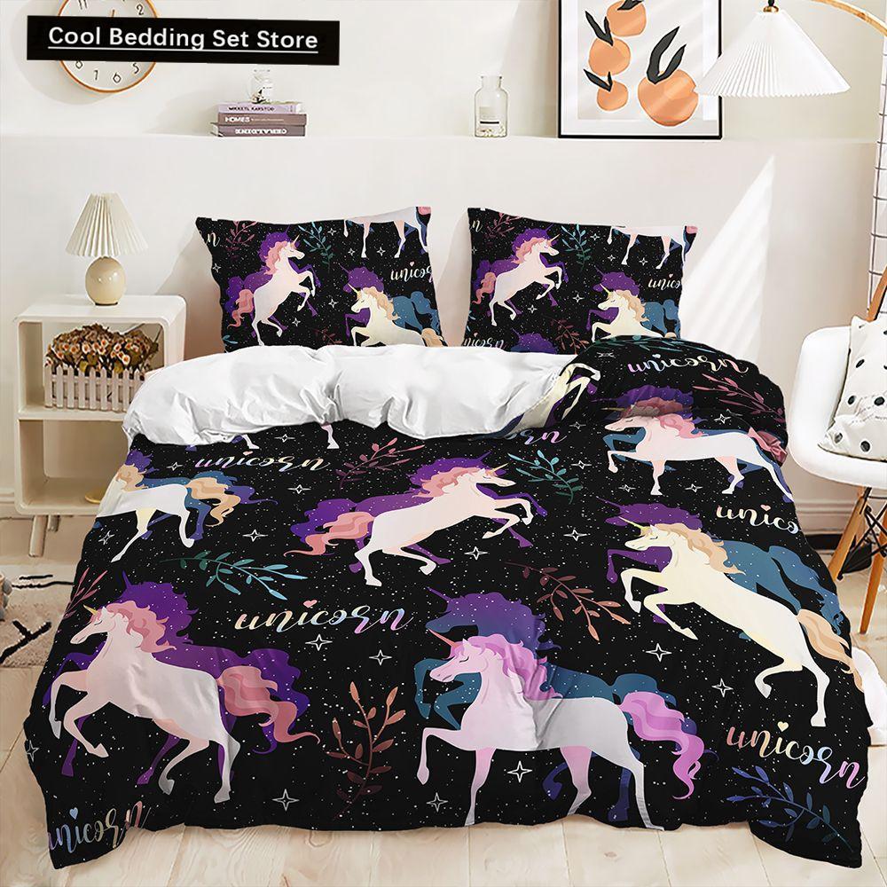 Rainbow Unicorn Bedding Set King Queen Size Rainbow Unicorns Duvet Cover Set with Pillowcase Polyester Bed Linen for Kids Girls