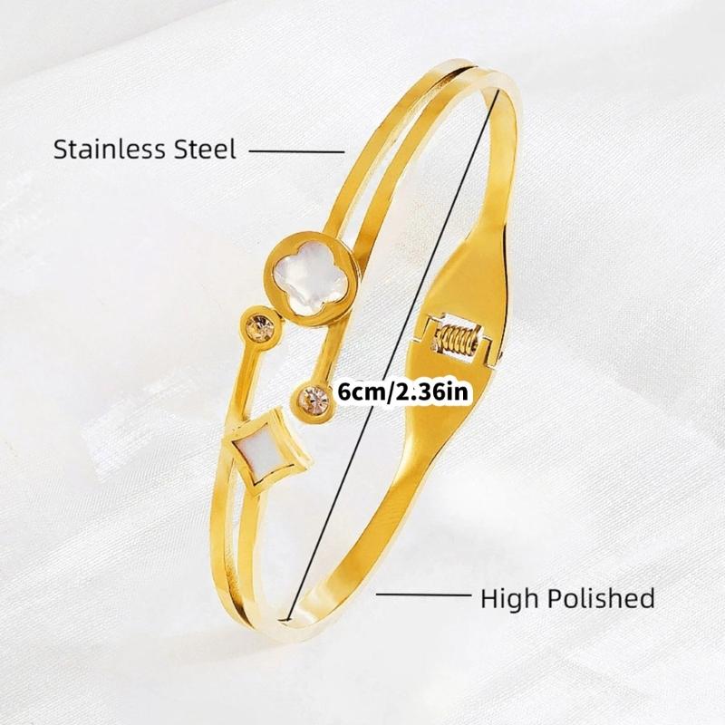 Elegant 4-Leaf Grass Design Ti Steel Bangle Wrist Bracelet For Women Men Secure Lock Lightweight Everyday Wear