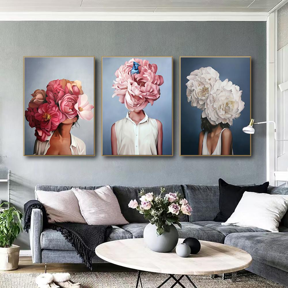 Nordic Home Decorative Poster Women with Rose Flowers Head Wall Art Canvas Painting Modern Interior Living Room Decor No Frame