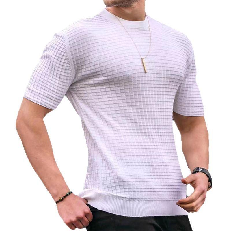 New Summer Men's Small Checkered T-shirt Round Neck Casual Half Sleeve Top Men