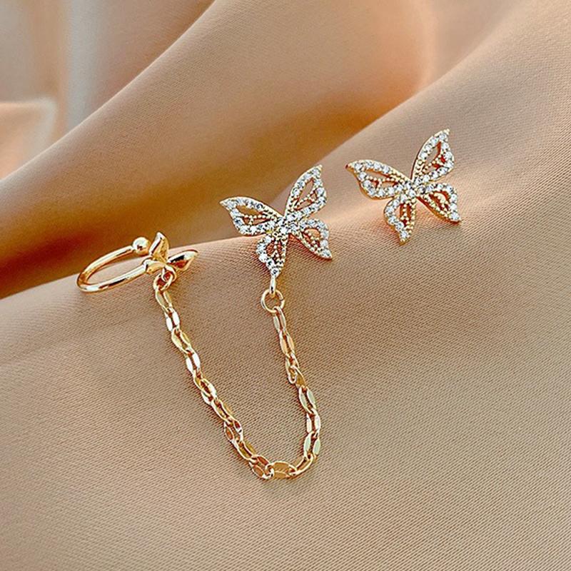 Korean Elegant Cute Rhinestone Butterfly Stud Earrings For Women Girls Fashion Metal Chain Earring Wedding Party Zircon Gifts