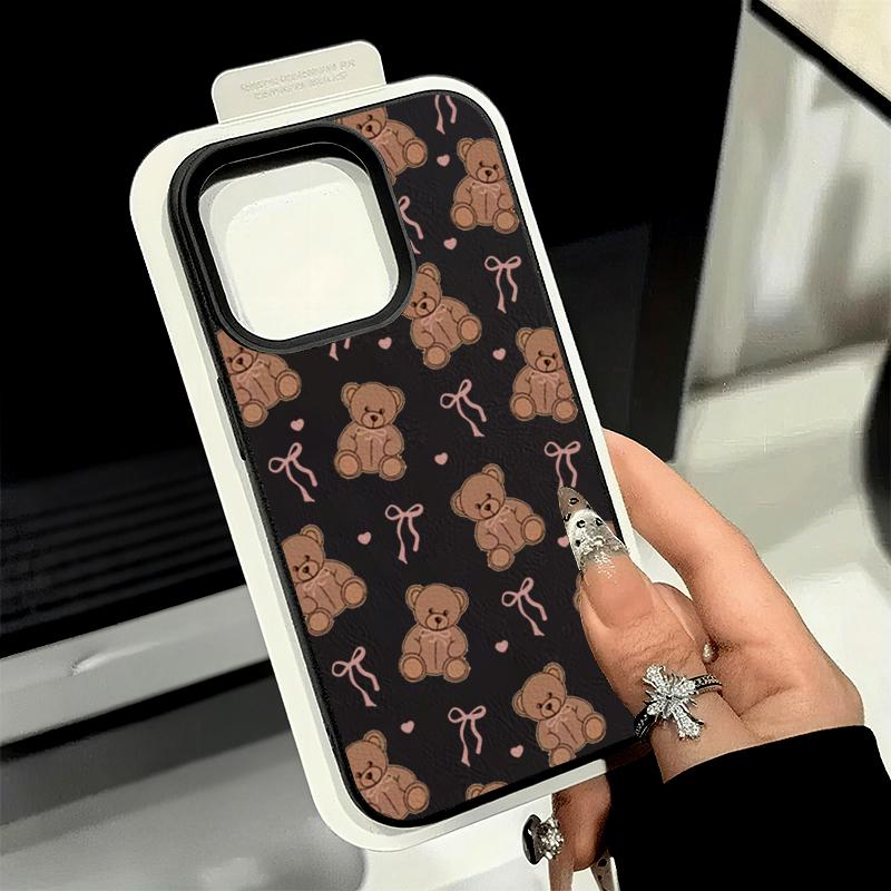 Cute Brown Bear Pink Bow Pattern Design Protective Cover for iPhone 17 16 15 14 13 12 11 16E Series Pro Max Plus