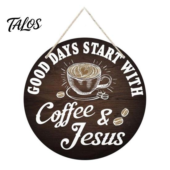 Rustic Home Wall Decor Wooden Coffee Bar Signs, Themed Hanging Sign, Cup Cafe Accessories Shape & Round Wood Plaque for Farmhouse Kitchen Corner