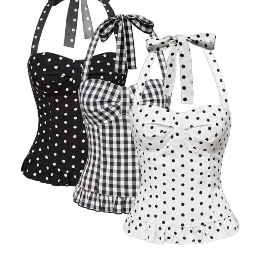 New French Polka Dot Print Sexy Halter Neck Camisole Top for Women Pure and Alluring Princess Style Fitted Waist Tank Top