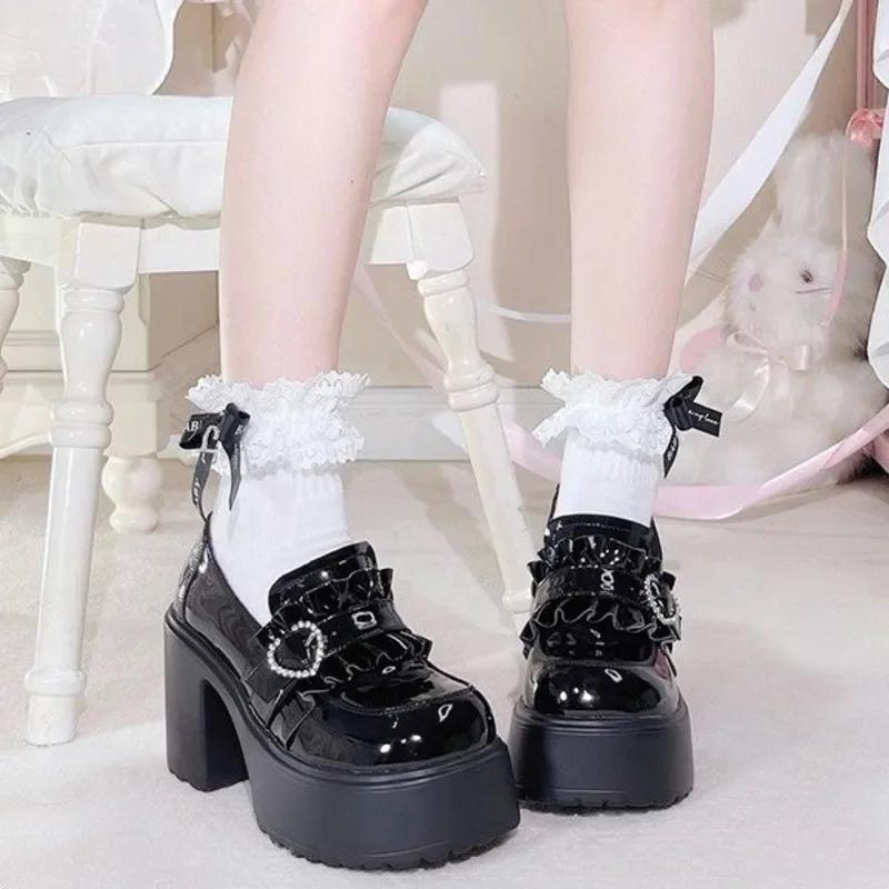 Fashion Sweet Heart-Shaped Buckle Lolita High Heels Pump Shoes for Women Y2k PU Leather Waterproof Platform Mary Janes Shoes