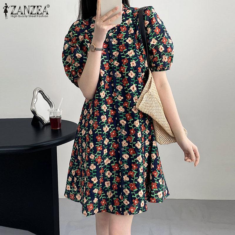 

ZANZEA Женское повседневное цветочный принт с коротким рукавом пляжное летнее свободное платье