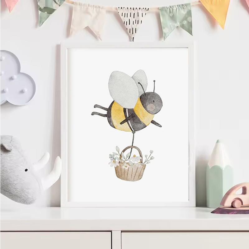 Boho Cartoon Farm Animals Wall Art Canvas Painting Rabbit Bear Bee Flower Posters and Prints Pictures for Baby Kids Room Decor