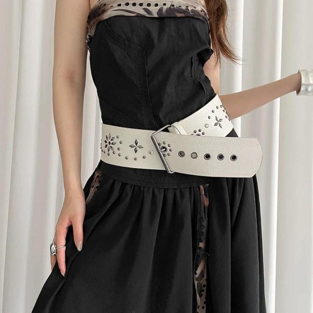 Y2k Leather Waist Belt Gothic Dress Jeans Belt Fashionable Women's Rivet Belt  Streetwear