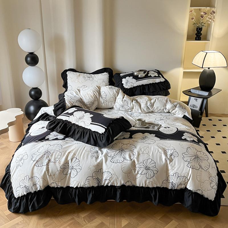 Black Lace Princess Wind French Washed Cotton Four-piece Quilt Cover Quilt Cover Sheet