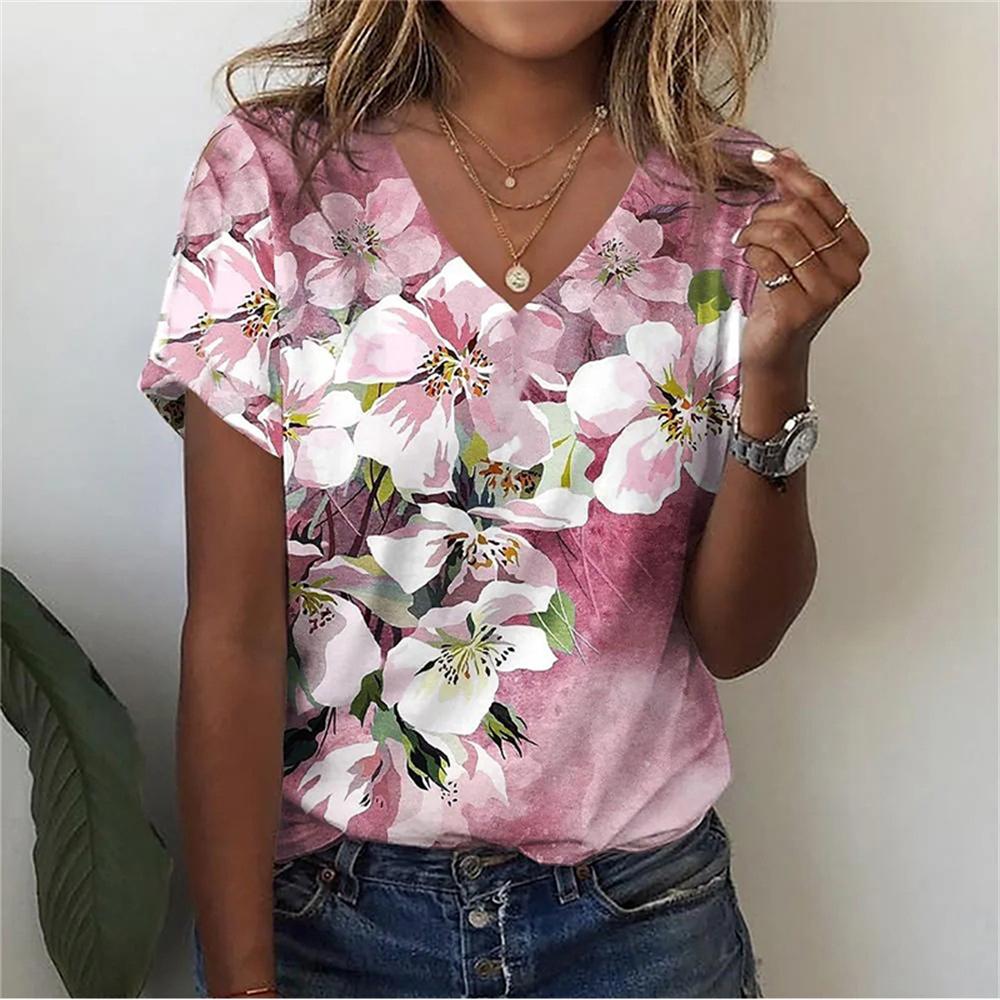 Flower Floral 3D Print T-Shirts Women Streetwear Summer Harajuku T Shirt Y2k Tops V-Neck Tees Woman Female Oversized Clothing