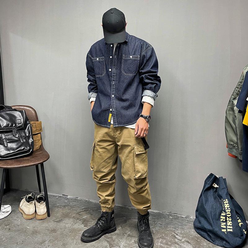 Men’s American Retro Striped Denim Long-Sleeve Shirt: Casual Versatile Spring/Autumn Jacket