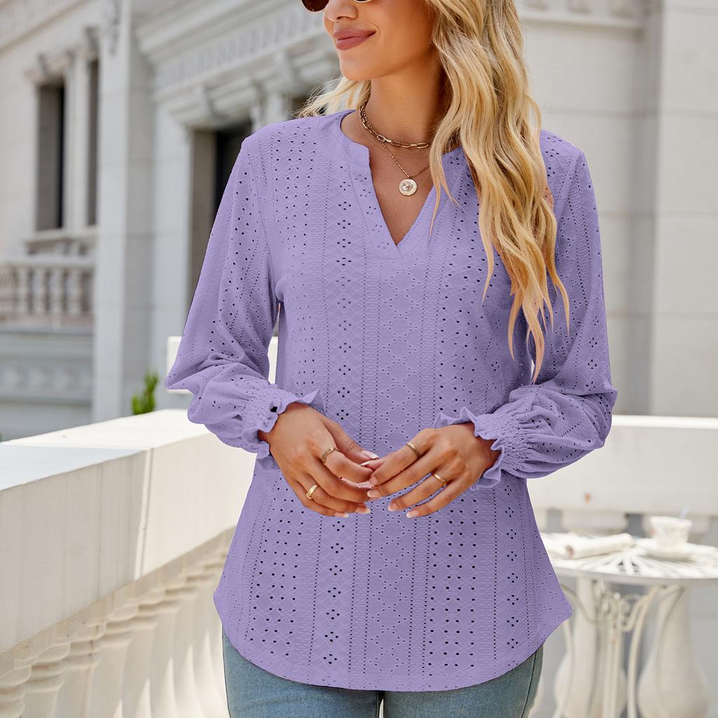 YYFS Damenmode, lässig, Frühling und Herbst, einfarbig, langärmelig, V-Ausschnitt, Blusen und Hemden