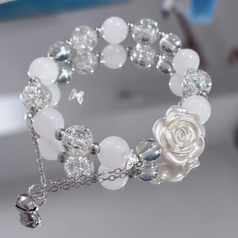 Chic Women's Bell Pendant Bracelet with Crystal Beaded White Flower Design for Outings
